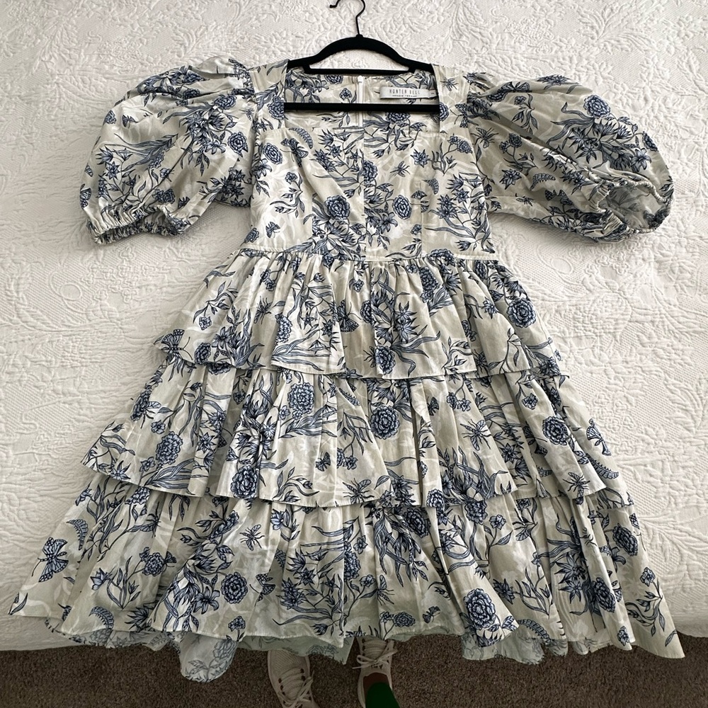 HUNTER BELL White Dress with Blue Floral Print and Tiered Skirt